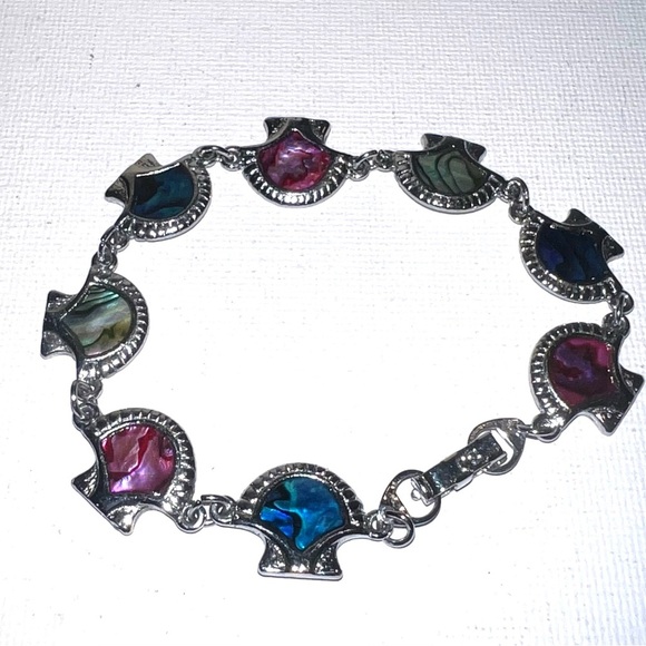 Abalone Shell Link Bracelet Silver Tone Colorful Iridescent Jewelry - Picture 2 of 4